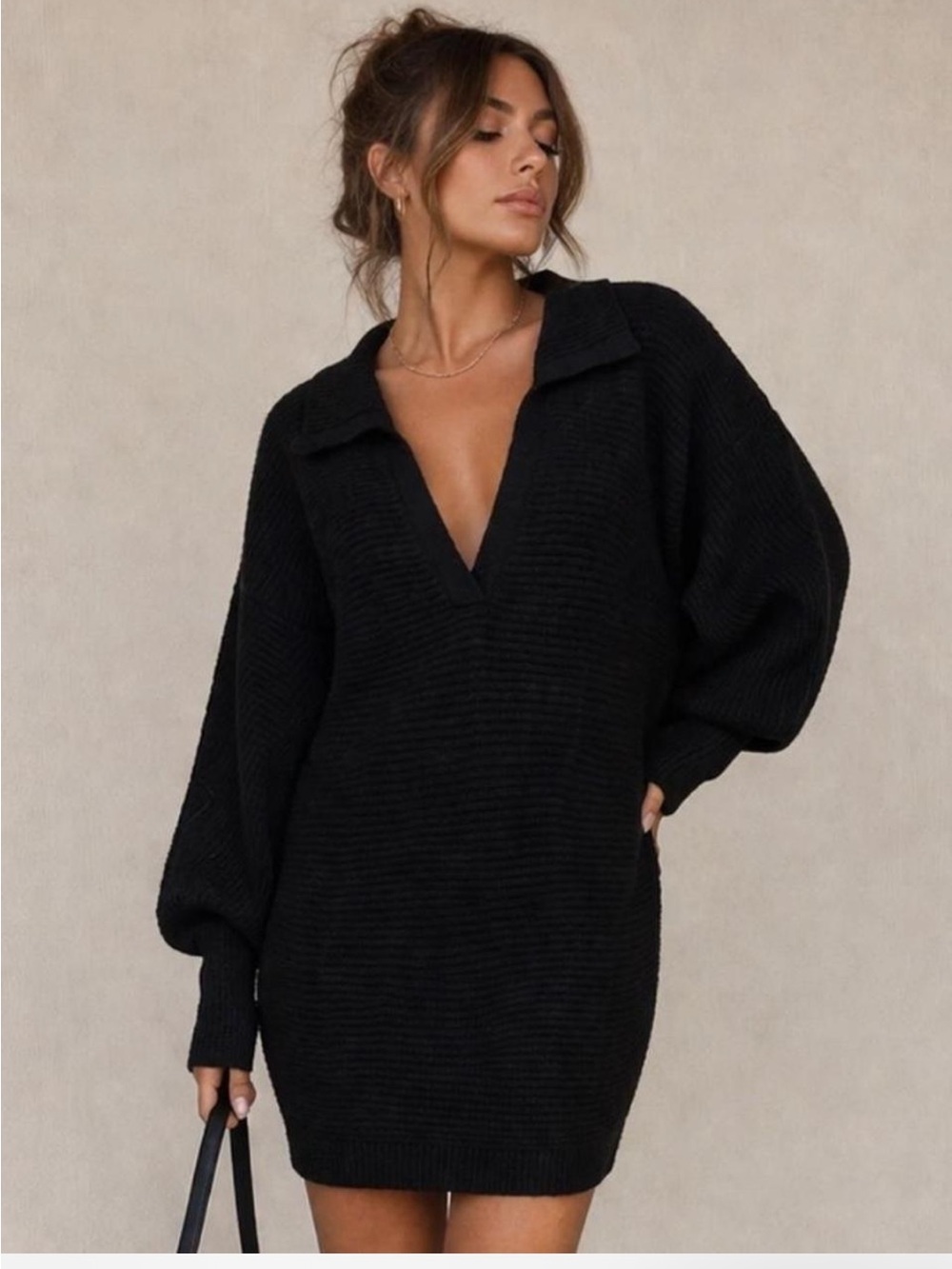 Black V-Neck Collared Sweater Dress - Women